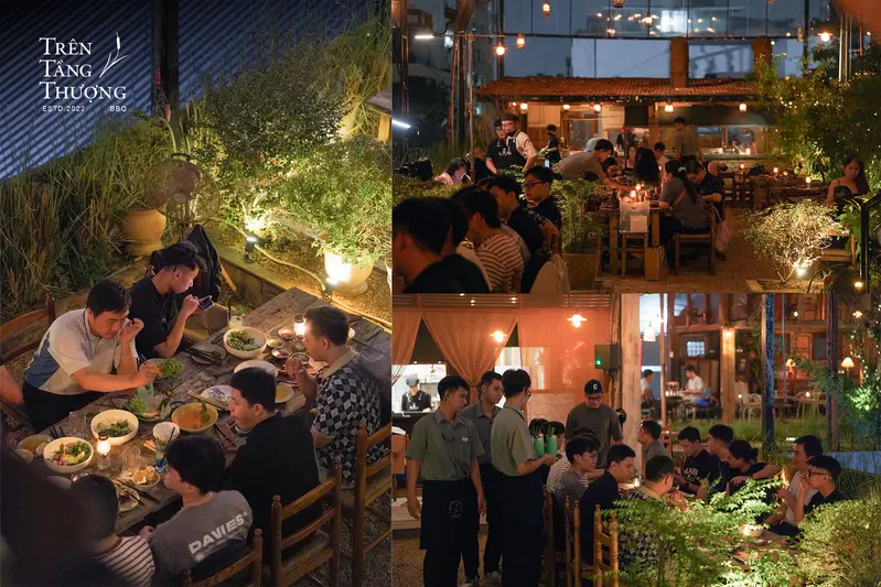 Toàn cảnh không gian Trên Tầng Thượng BBQ nhìn từ trên cao rực rỡ ánh đèn